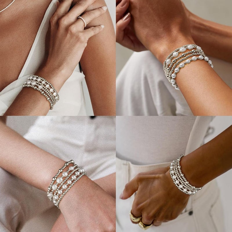 adoyi Gold Bracelets for Women Beaded Bracelet 14K Gold Plated Bracelet Stack Strand Stretch Bead Ball Bracelet Set Stackable Bracelet Adjustable Bracelet Set Jewelry for Gifts - Image 4